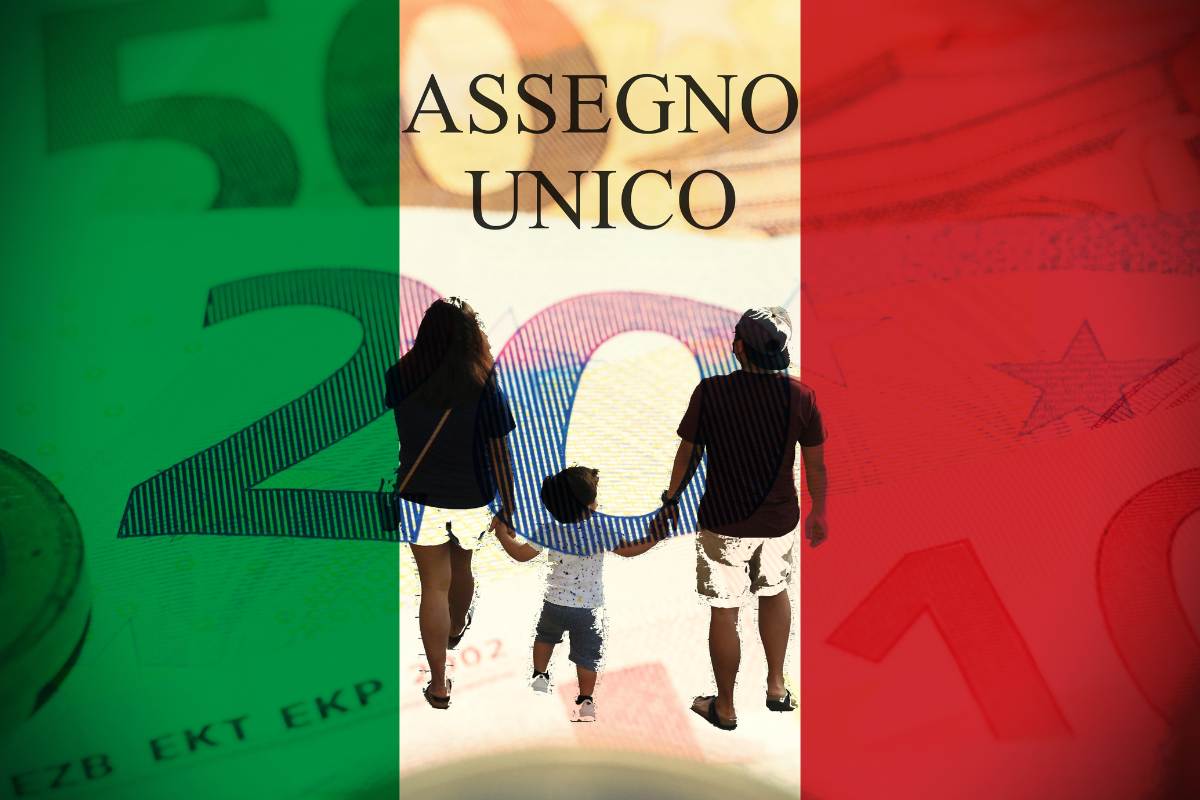 famiglia mano nella mano con sfondo bandiera italiana e scritta assegno unico